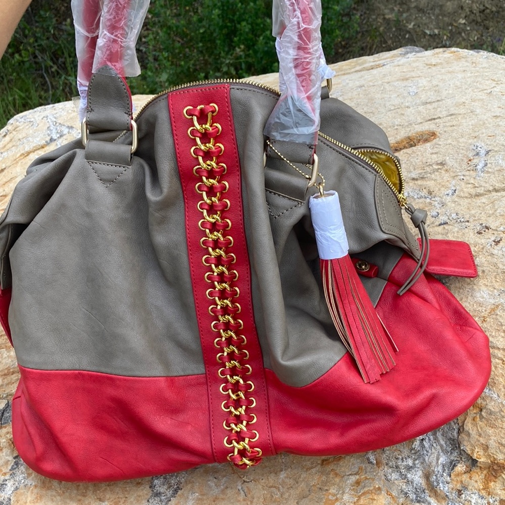 Red and gray women’s purse